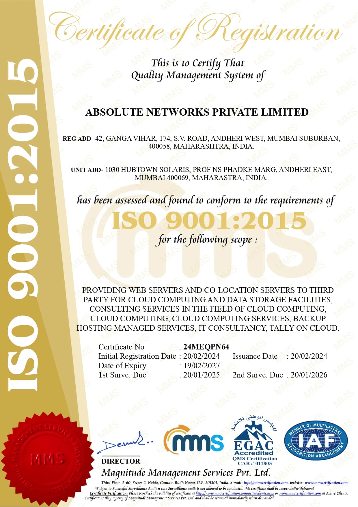 Absolute Networks Private Limited Iso 9001 Certificate